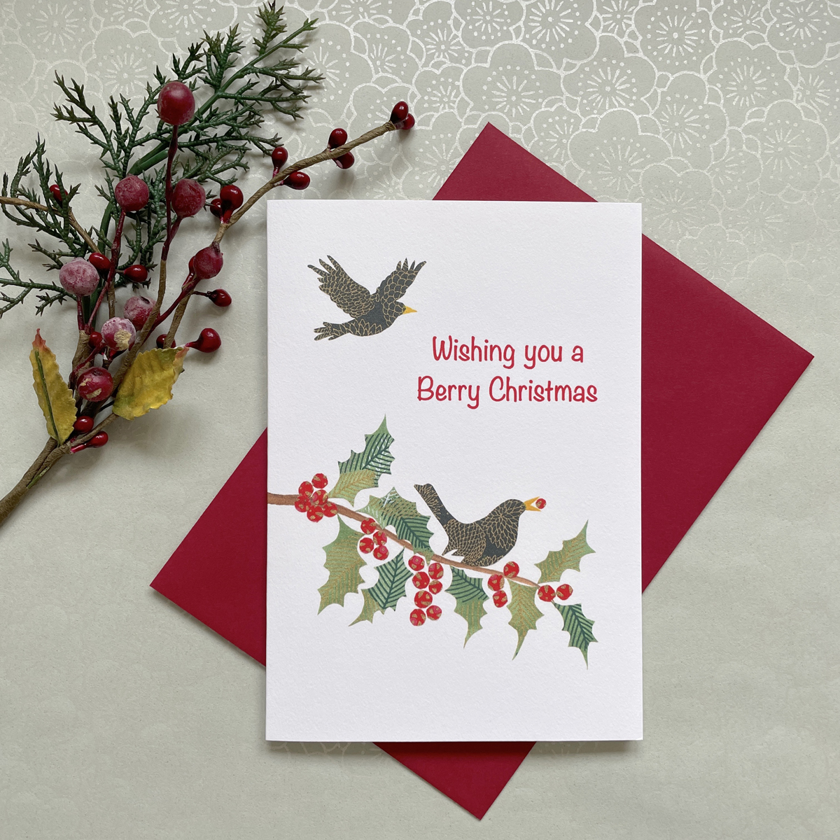 Holly and Blackbird Christmas Card